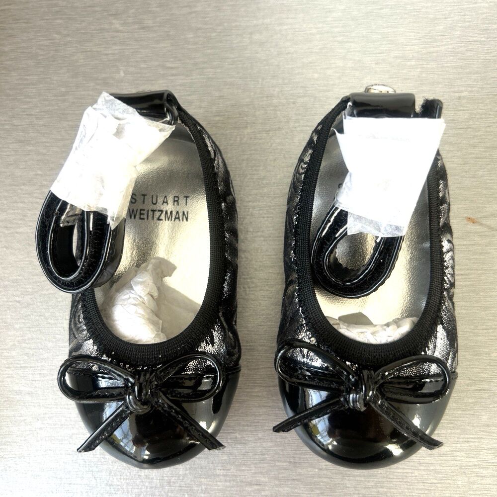 Stuart Weitzman Baby Paliava Silver Black Baby Ballet Shoes w/Bow Sz 2  3-6M NEW
